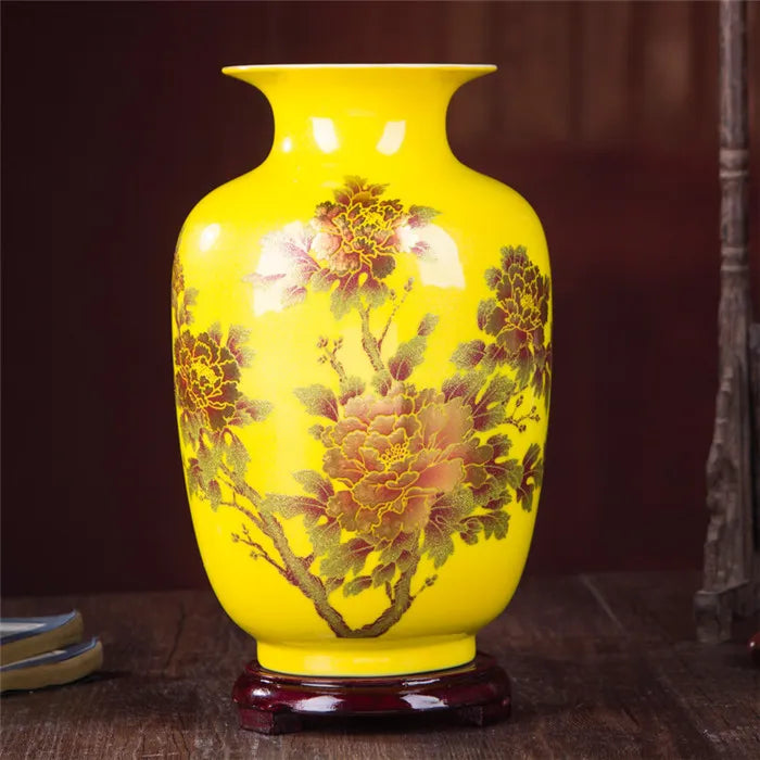 New Chinese Style Vase Jingdezhen Yellow Crystal Glaze Flower Vase Home Decor