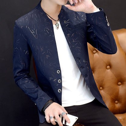 Men Blazer Suit Printed Slim Stand Collar Casual  Mens Suit Thin