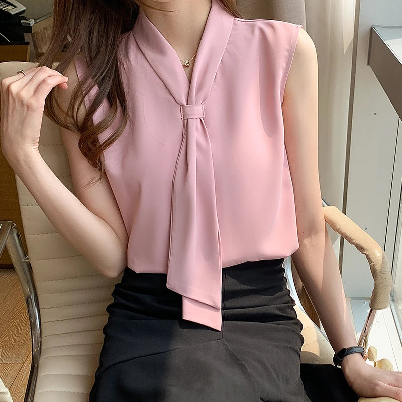 Women's Shirt Pink Ribbon Blouses for Women Sleeveless Summer Shirts Female