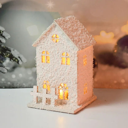 1pc Christmas Ornaments LED Lights Wooden House Luminous Cabin With Snow