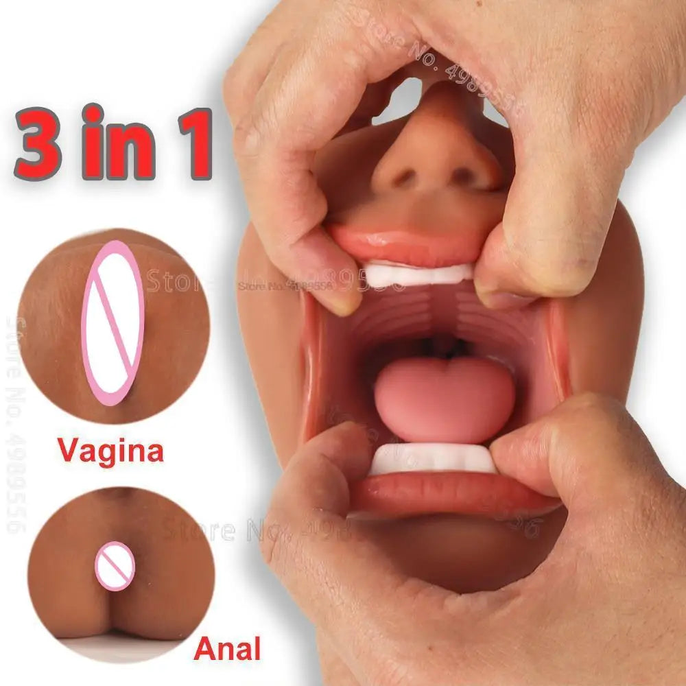 3 IN 1 Male Masturbator Silicone Vagina Real Pussy Open Mouth Teeth Realistic