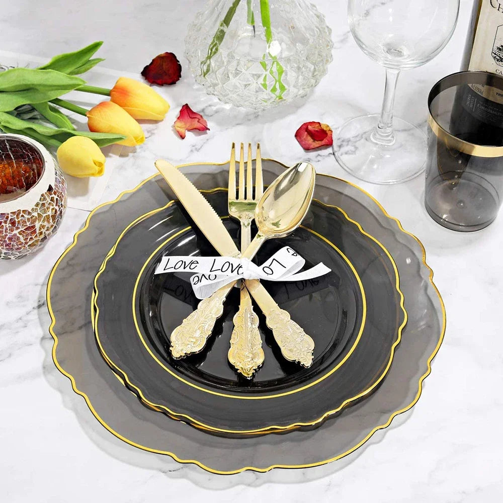 60-Piece Disposable Party Tableware Set Baroque Black Plastic Tray