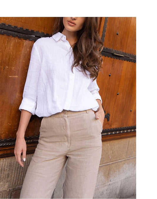 100% Linen White Shirts and Blouses Turn Down Collar Long Sleeve Tops