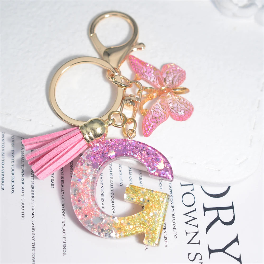 Cute Resin A-Z Initials Letter Keychain Pink Sparkle Butterfly Tassel Pendant