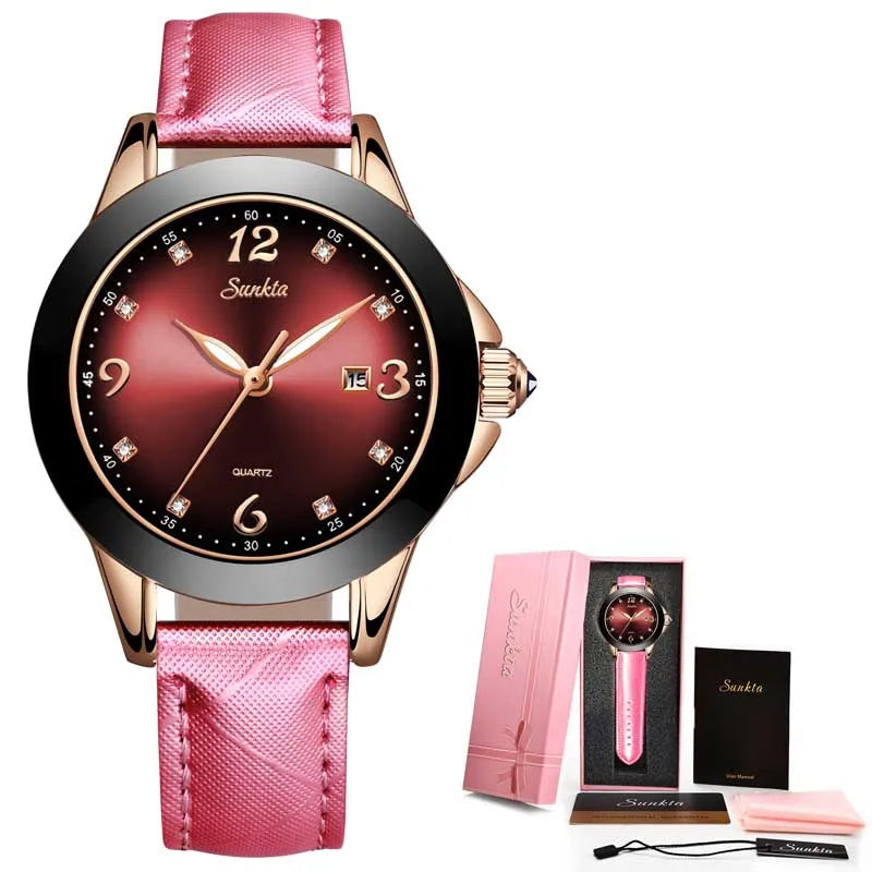 SUNKTA Fashion Women Watches Ladies Top Brand Luxury Ceramic Rhinestone Sport