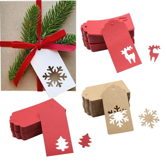 50PCS Chrismtas Kraft Paper Tags Hollow Red White Natural Snowflake/Deer Crafts