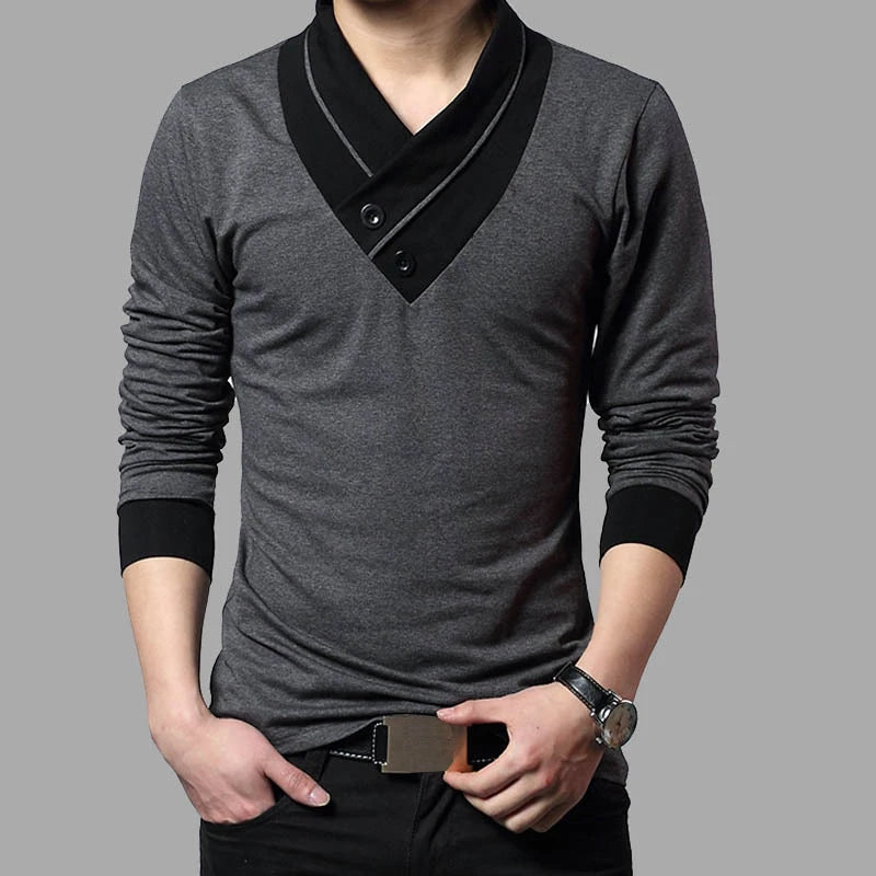 2024 Fashion Brand Trend Slim Fit Long Sleeve T Shirt Men Collar Tee V-Neck