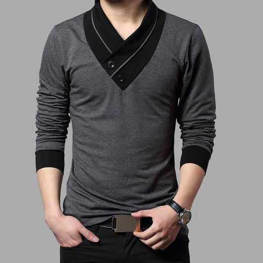 2024 Fashion Brand Trend Slim Fit Long Sleeve T Shirt Men Collar Tee V-Neck