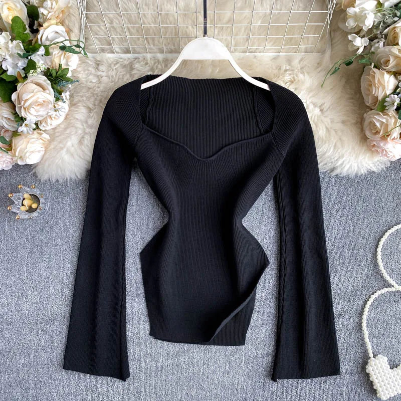 Croysier Knitted Sweater Pullover Square Neck Women Fashion  Long Sleeve Top