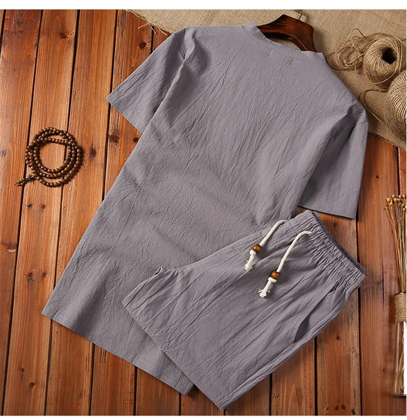 (Shirt + Shorts) 2021 Summer Fashion Men Shirt Cotton and Linen