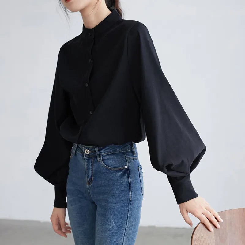 Big Lantern Sleeve Blouse Women Autumn Winter Single Breasted Stand