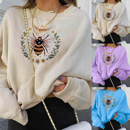 Women's Sweatshirts Loose Long-Sleeved Top Bee Print Short Curled Pullover