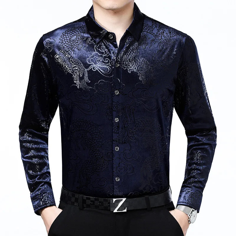 Luxury Chinese Dragon Embroidery Velvet Shirt Men Slim Fit Long Sleeve shirt