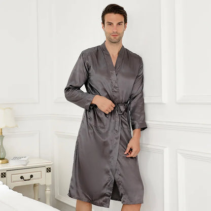 Blue Chinese Men Silk Rayon Robe Summer Casual Sleepwear V-Neck