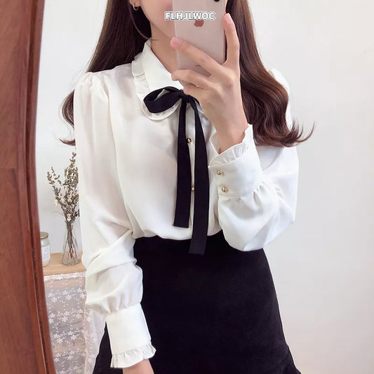 Chiffon Blouses Shirts New Hot Style Girls Bow Tie Tops Collar Shirt