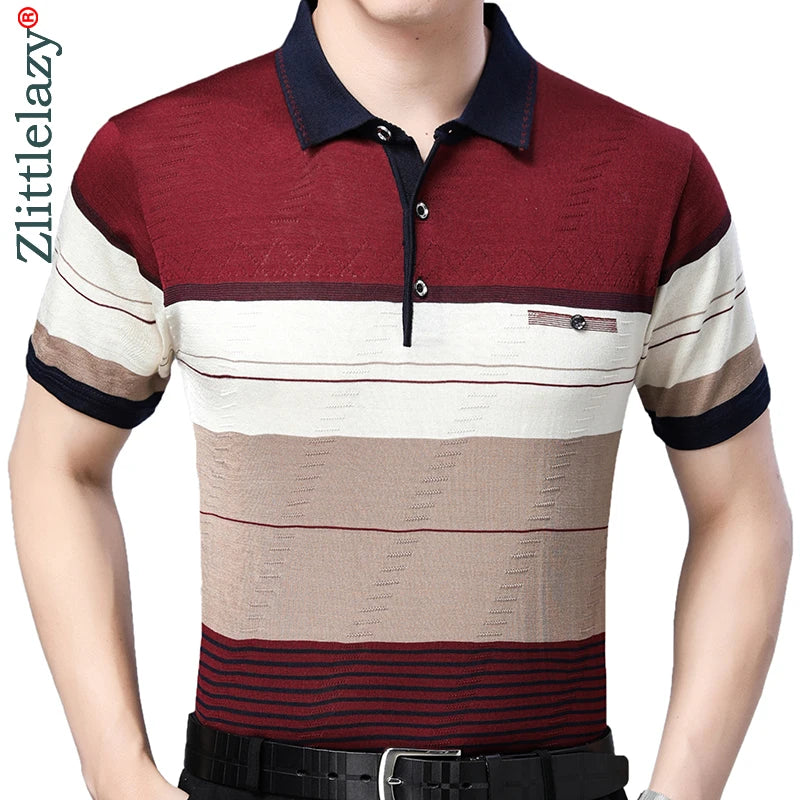 Summer Short Sleeve Polo Tee Shirt Men Casual Pocket Striped Men's Clothing