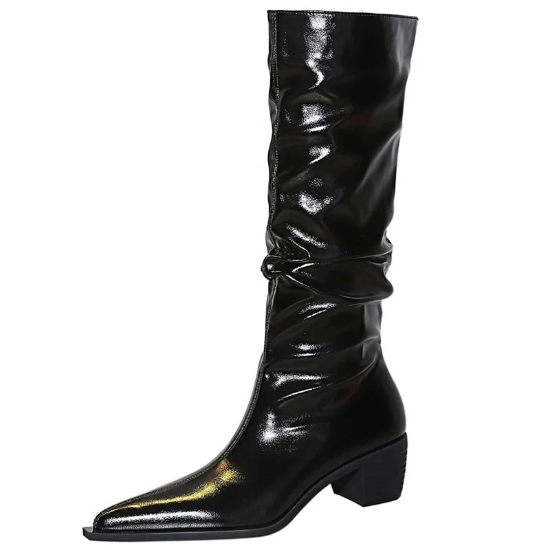 BIGTREE Shoes Patent Leather Women Knee-High Boots Thick Heel Women Boots