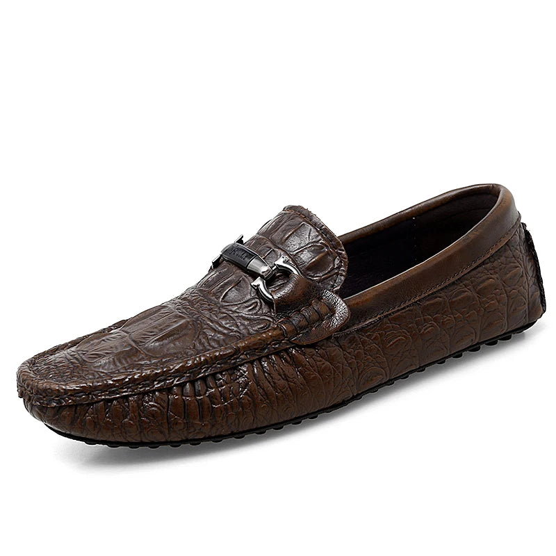 Mens Slip on Moccasins Men's Crocodile Pattern Loafers Genuine Leather Summer