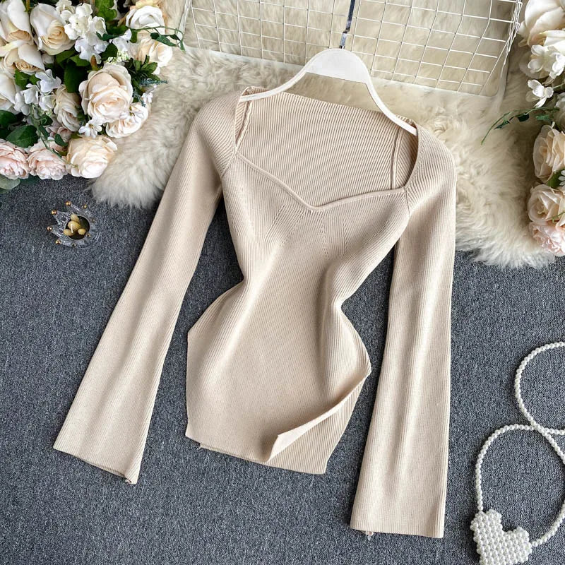 Croysier Knitted Sweater Pullover Square Neck Women Fashion  Long Sleeve Top