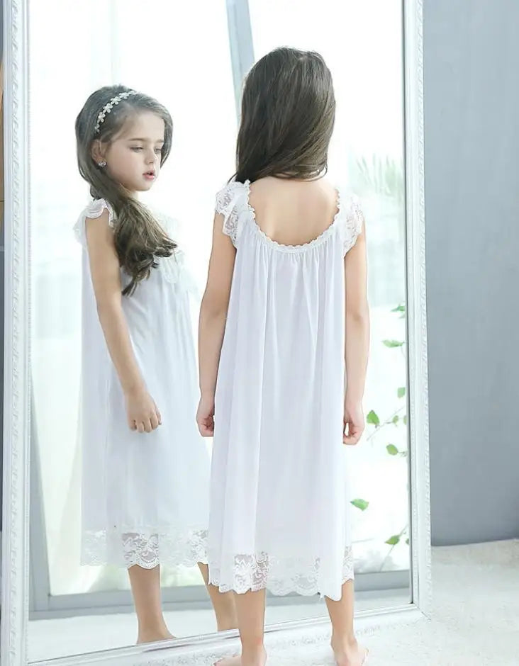 Summer Children's Girls Dress Sleepwear White Lace Cotton Princess Vintage