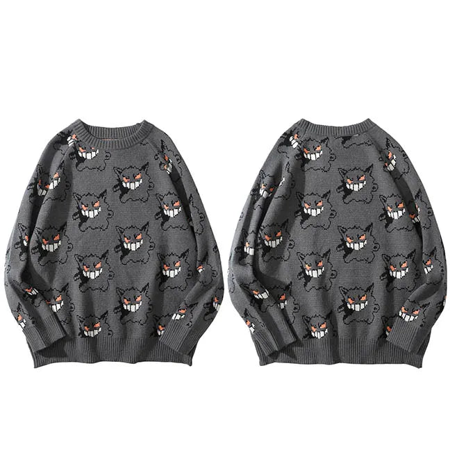 Men Knitted Sweater Hip Hop Streetwear Devil Print Pullover