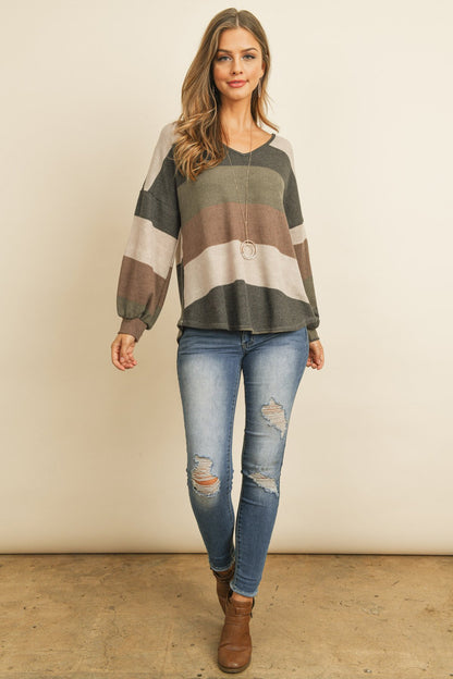 Rib Multicolor Stripes V-Neck Puff Sleeves Top