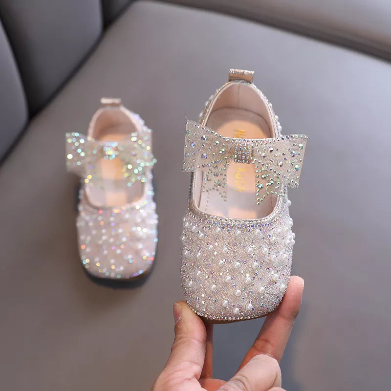 2023 New Girl's Princess Shoes Children's Fashion Bow Rhinestone Sequin Kids