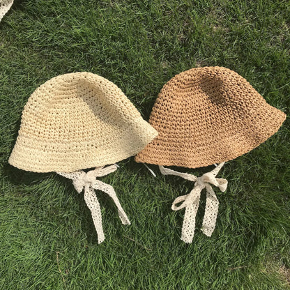 Summer Korean Baby Boy Girl Straw Hats Lace Strap Crochet Children