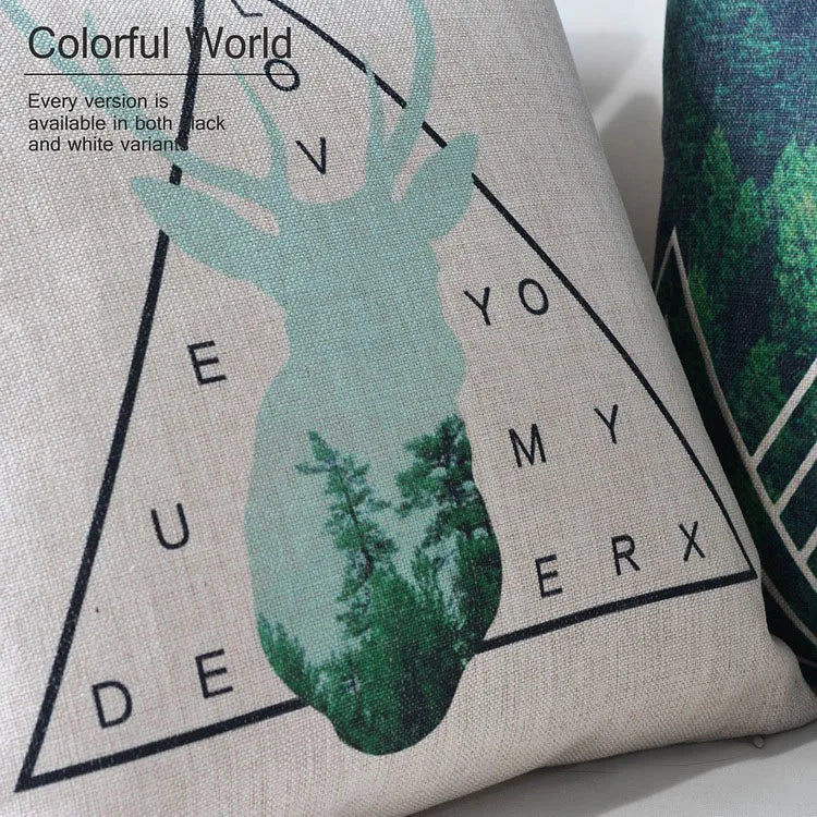 Nordic Geometry Green Forest Deer Pillow Animal Cushions Thick Linen Pillowcase