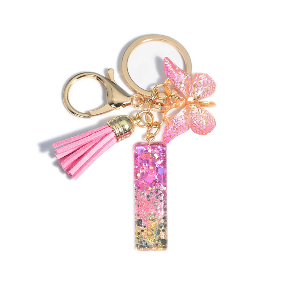 Cute Resin A-Z Initials Letter Keychain Pink Sparkle Butterfly Tassel Pendant