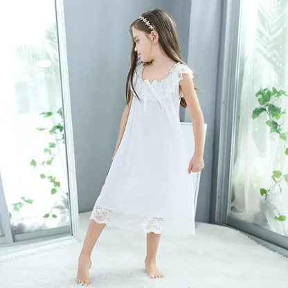 Summer Children's Girls Dress Sleepwear White Lace Cotton Princess Vintage