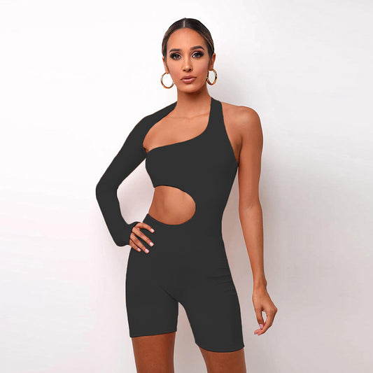 Skinny Fitness Womens Bodysuits Asymmetrical Solid Colors