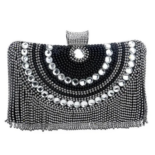 Rhinestones Tassel Clutch Diamonds Beaded Metal Evening Bags Chain Shoulder