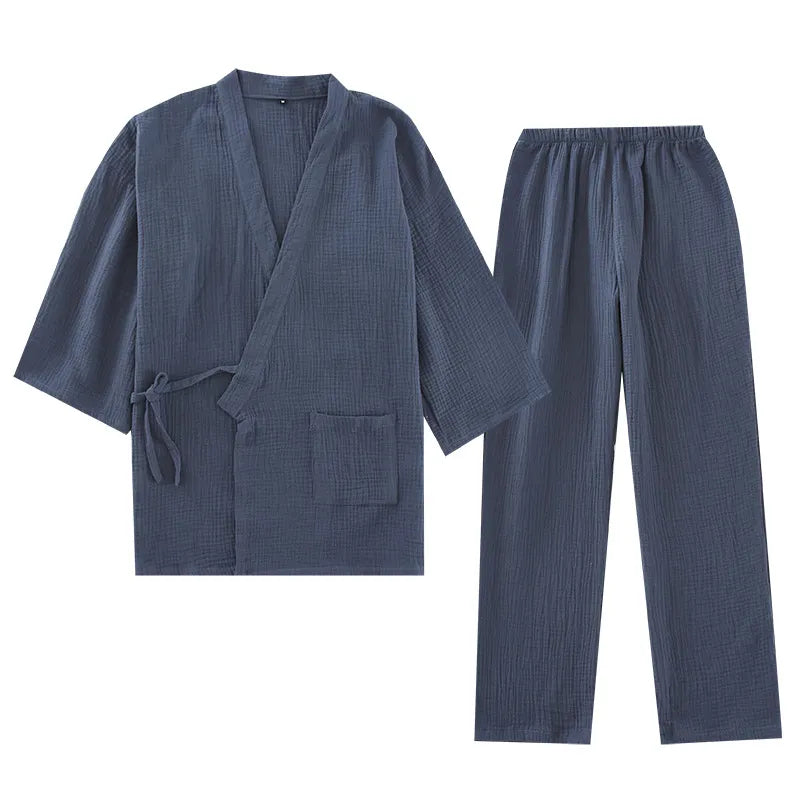 Men and Women 100% Cotton Pajamas Plus Size Loose Bathrobes V-Neck Kimono