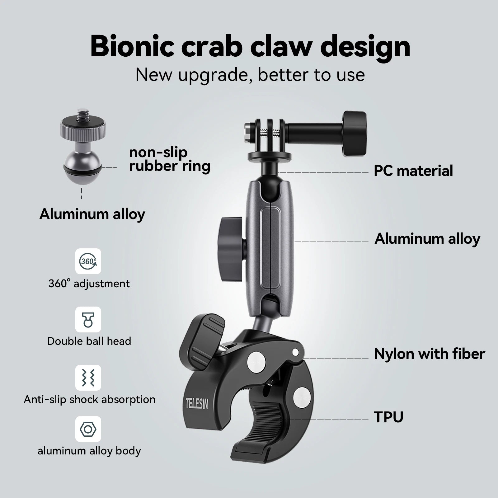 TELESIN Motorcycle Bicycle Rail Mount Clamp With 360 Degree Ball Mount Clip