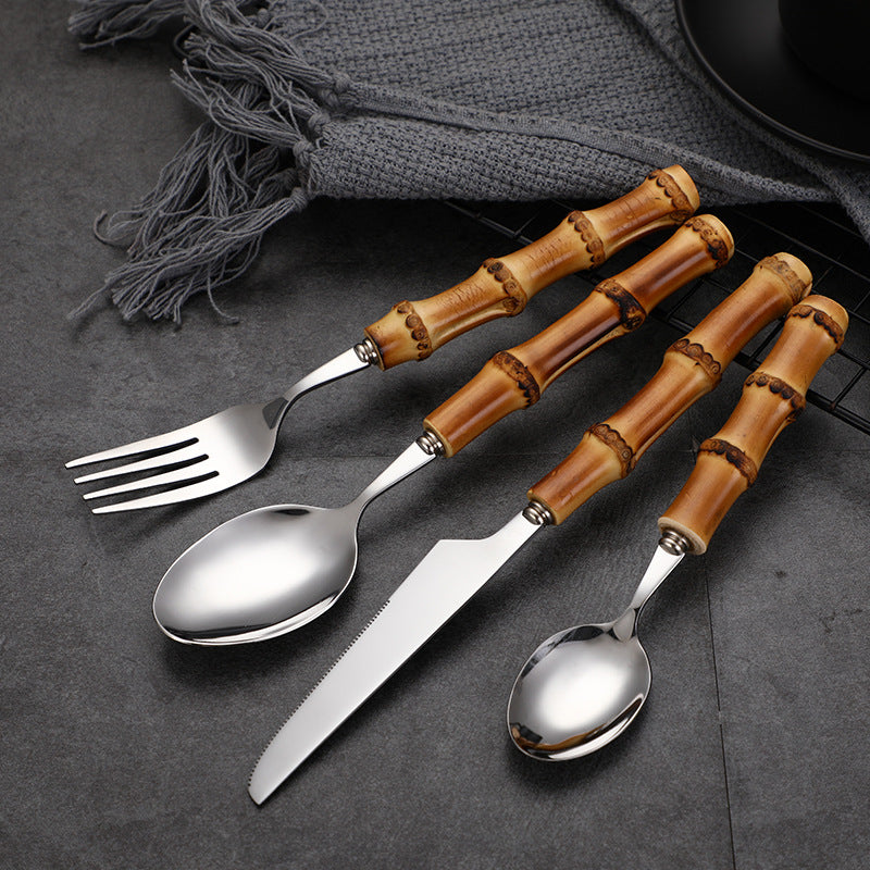 Natural Wooden Handle Spoon Fork Knife Flatware Set 304 Stainless Steel Cutlery