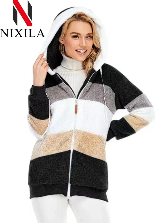 New in Autumn Winter Coat Women Warm Plush Zipper Pocket Hooded