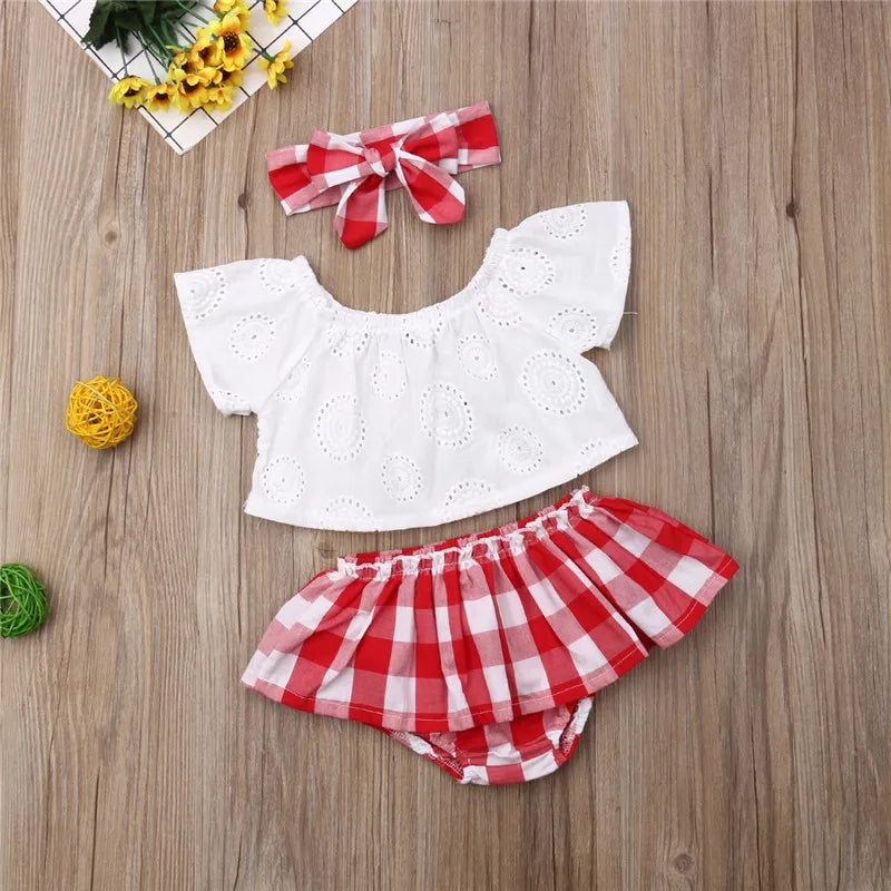 0-24m 3pcs Baby Girls Clothes Set Solid White Off Shoulder Shirt Tops Red Plaid