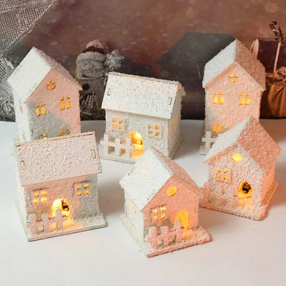 1pc Christmas Ornaments LED Lights Wooden House Luminous Cabin With Snow