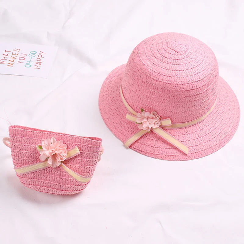 Summer Baby Flower Breathable Hat Straw Hat With Handbag Bags Kids Hat Girls