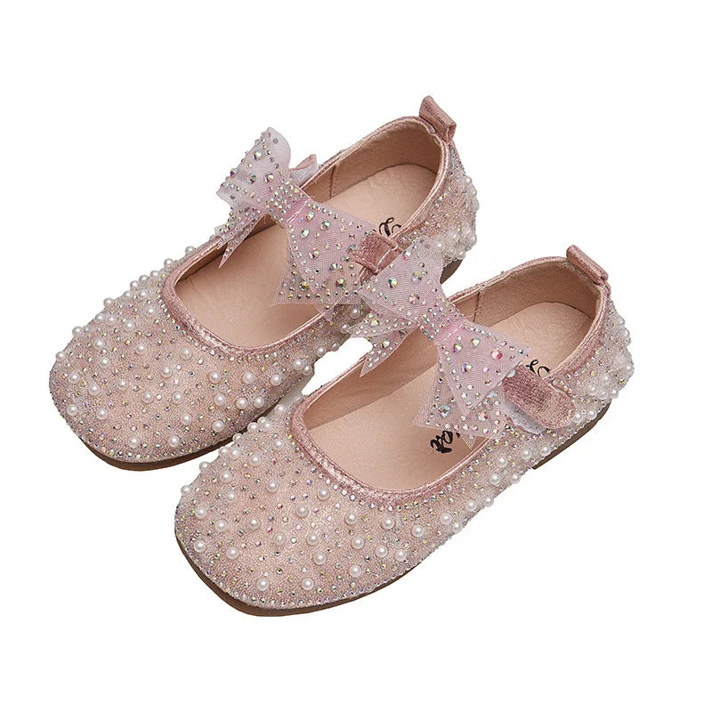 New Girls Single Princess Shoes Pearl Shallow Children's Flat Shose Kid Baby