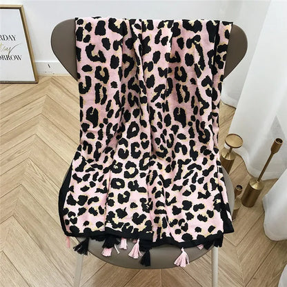 New Fashion Brand Lovely Pink Sexy Leopard Dot Tassel Viscose Shawl Scarf Lady