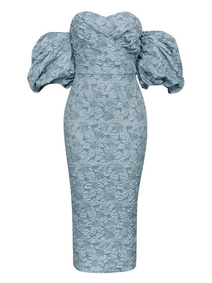 Sexy Puff Sleeve Flower Print Midi Slim Dress Women Sky Blue v Neck Floral