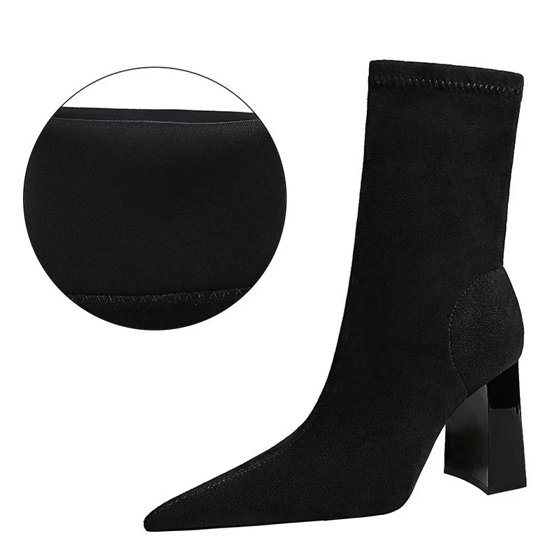 Autumn Winter Boots Women High Heel Boots Suede Thick Heel Ankle Pointed Boots