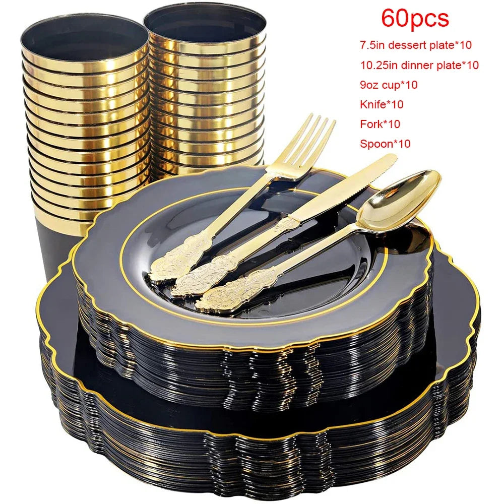 60-Piece Disposable Party Tableware Set Baroque Black Plastic Tray