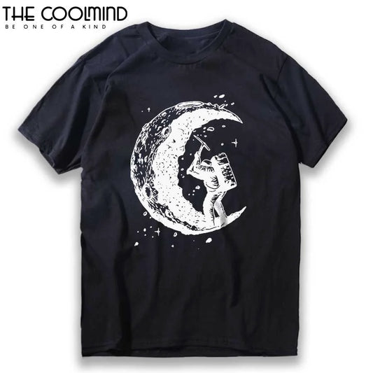 100% Cotton Digging the Moon Print Funny Mens O-Neck T Shirts Fashion Men's Tops