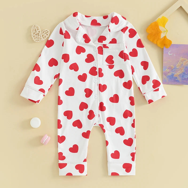 0-24m Baby Pajamas Jumpsuits Heart Print Lapel Button Up Girls Sleepwear