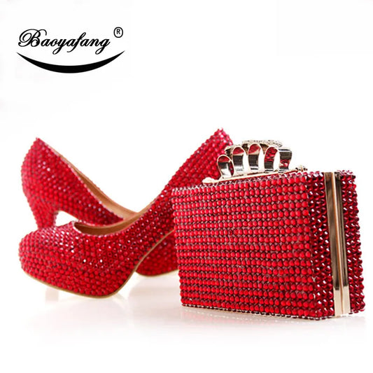 BaoYaFang New Red Crystal Womens Wedding Shoes With Matching Bags Luxury High