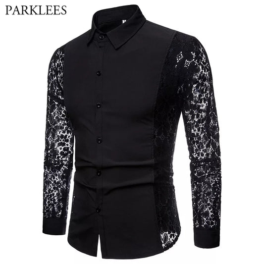 Mens Flower Patchwork Embroidery Lace Shirt Fashion Transparent Shirts