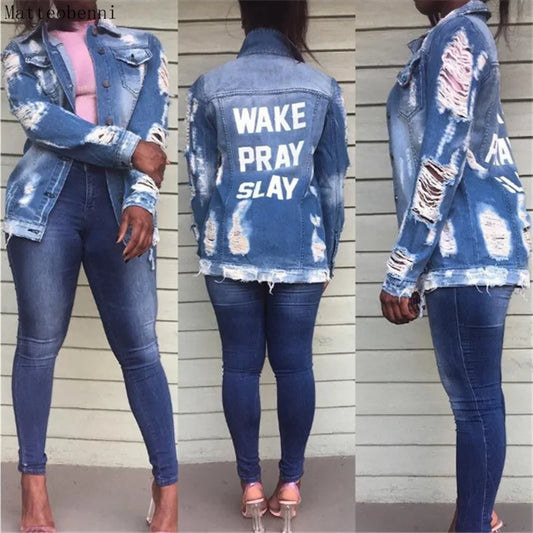 Fashion Frayed Ripped Cowboy Long Denim Jackets Women Casual Loose Jean Jacket